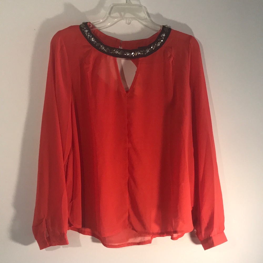 C.O.C, Woman's Size XL Coral Sheer Long sleeve blouse with gem/beaded neckline.